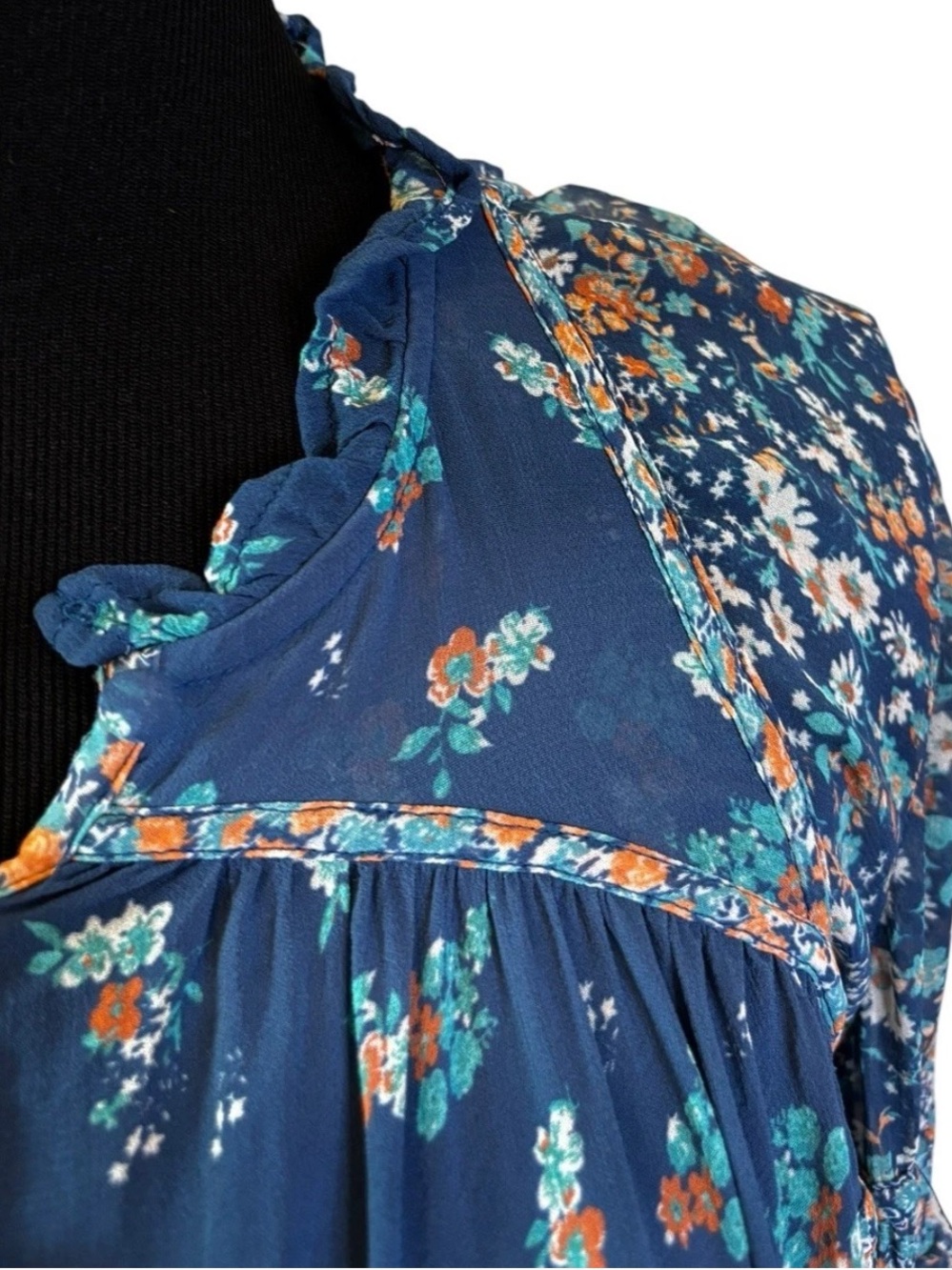 Anthropologie Sheer Babydoll Blouse Blue Floral XS Extra Small Boho Flutter Top - Picture 4 of 7